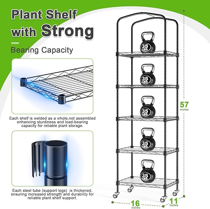 Abimars 5-Tier Mini Greenhouse with Grow Light, Shelf Height Adjustable Metal Plant Shelf with PVC Cover and Wheels, Includes 4-Pack Full Spectrum Plant Lights, 11x16x57inch