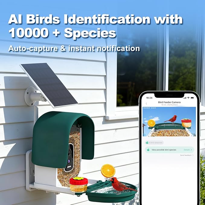 Bird Feeder Camera with 4K HD, App Alerts & Two-Way Audio, Solar Panel, 32GB Card 4-in-1 Perch, 160° View, Auto Detect & AI Identify - Wireless Outdoors Weatherproof Design (Army Green)