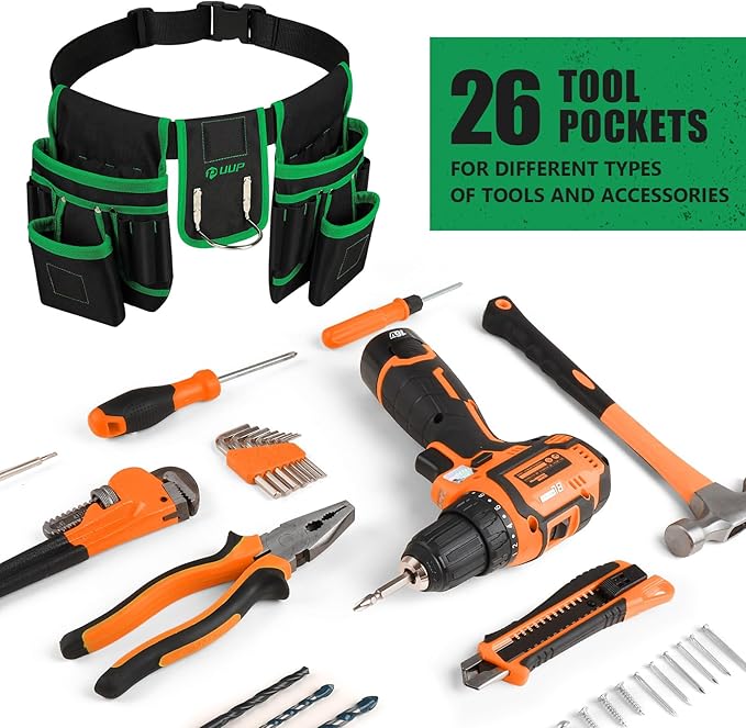Magnetic Tool Belt for Men, 26 Pockets Heavy Duty Tool Pouch, Magnet Holster Nail Utility Toolbelt Detachable Adjustable Waist Holder for Handyman Contractor Mechanic Plumber Roofer Dad Gift -Green
