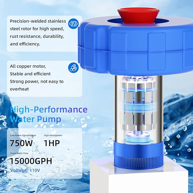 15000 GPH Pond Fountain Aerator - Fully Automatic 110V, 750W (1HP) Floating Fountain and Pond Aerator for Large and Small Outdoor Ponds and Lakes - Pond Fountain with 100 Feet Power Cord.