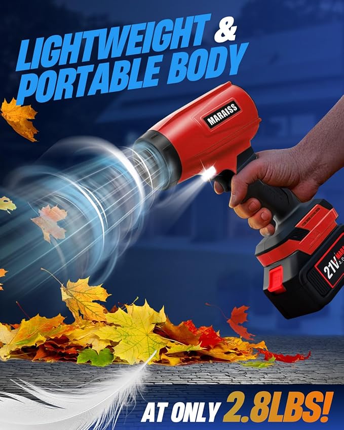 Cordless Leaf Blower with 2 X 4.0A 20000mAh Batteries Brushless Motor, Lightweight Low Decibel Turbo Jet Blower with Pro Earplugs for Patio Cleaning,Car Blowing Water, Blowing Leaves and Dust (Red)