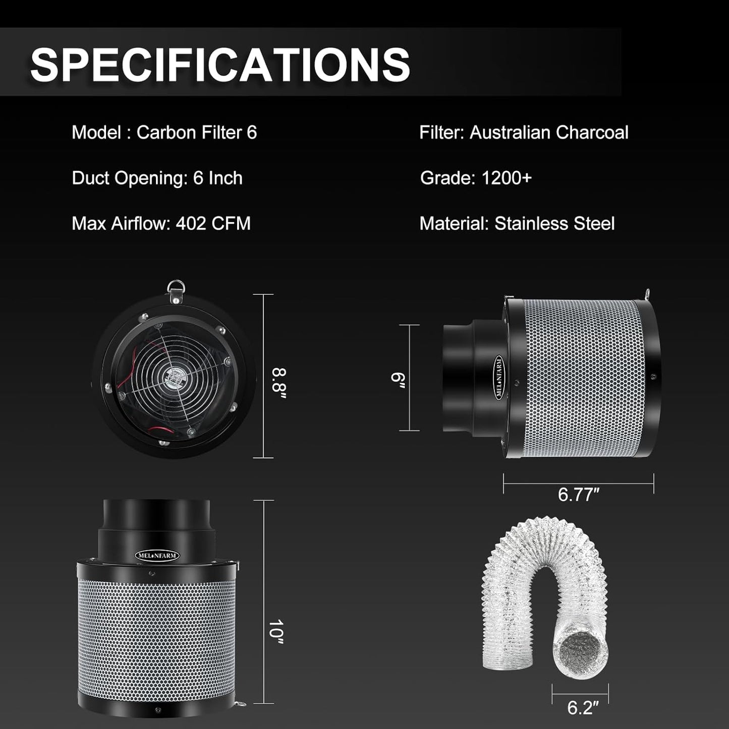 MELONFARM Air Filtration Kit 6", Built-in 14cm Fan Low Nois Carbon Filter with 12-Speed Controller, 8' Ducting, Cooling & Ventilation System for Grow Tents, Indoor Gardening, Hydroponics