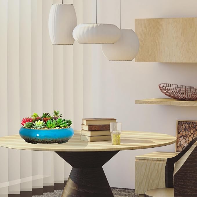 Succulent Pots - 11.5 Inch Ceramic Bonsai Pots with Drainage, Large Shallow Succulent Planters for Indoor Outdoor Plants, Round Glazed Cactus Flower Plant Container Bowl Home Desk Decor(Blue)