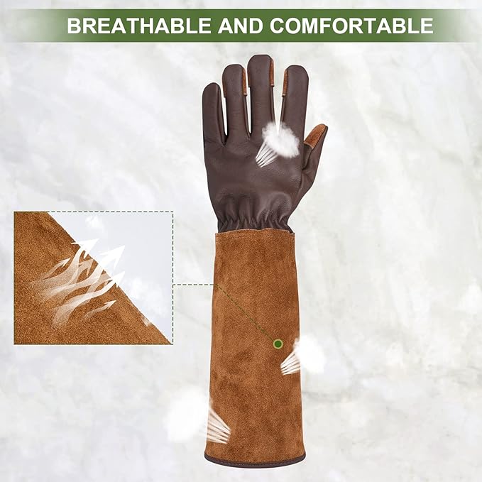 Long Gardening Gloves for Women Thorn Proof,Rose Pruning Cowhide Leather Garden Gloves for Cactus, Rose and Blackberry
