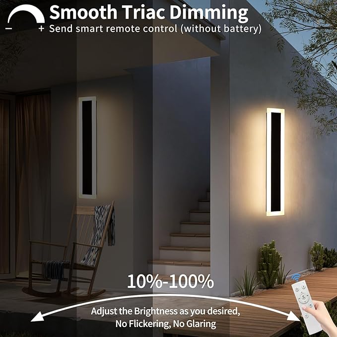 Upgrade Widened 2 Pack 23.6inch Outdoor Wall Sconce, Dimmable Modern LED Wall Light, 3000K-6000K, IP65 Waterproof, Black Wall Mount Lighting for Exterior Home, Porch, Garage with Remote Control
