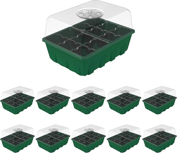 Gardzen 10-Set Garden Propagator Set, Clear Seed Tray Kits with 120-Cell, Seed Starter Trays with Dome and Green Base 6.6" x 4.5" (12-Cell Per Tray)
