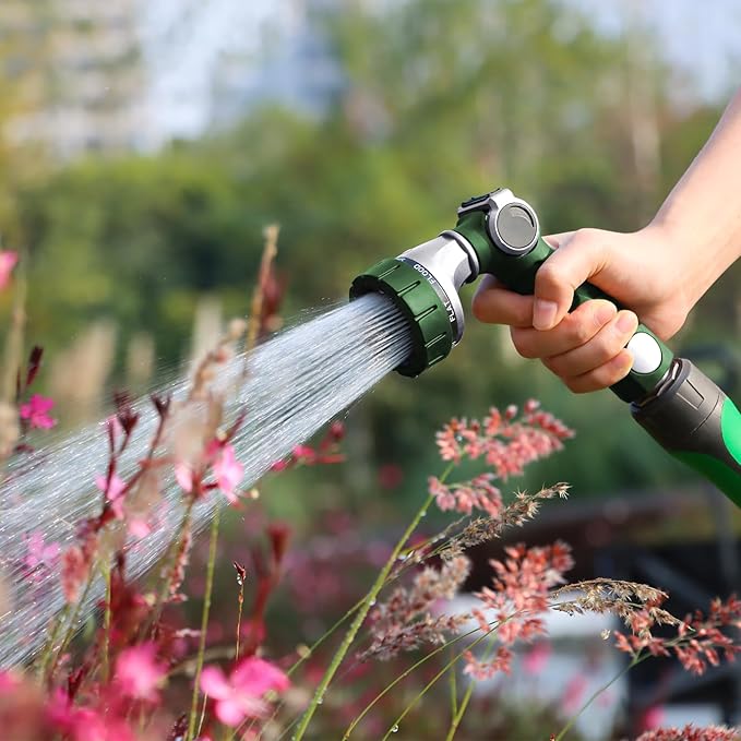 RESTMO Heavy Duty Hose Nozzle, Metal Garden Water Hose Sprayer with 7 Watering Patterns, Thumb Control, On Off Valve, High Pressure Nozzle Sprayer for Watering Plants, Car and Pet Washing, Green