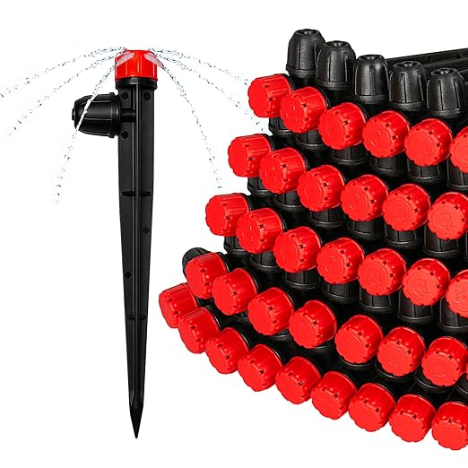 50 Pieces Drip Irrigation Emitters, Adjustable 360 Degree Drip Stream Emitters on 5" with Stake for 1/4" Drip Irrigation Tubing Irrigation 8 Hole Stream Drippers for Garden Watering System