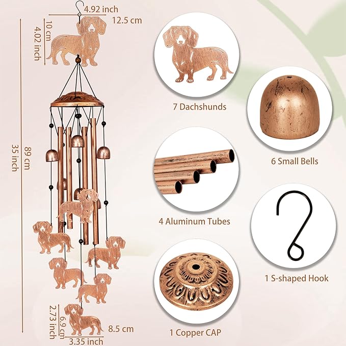Dachshund Wind Chimes for Outside, Metal Windchimes Outdoors, Dachshund Gifts for Women/Men, Memorial/Birthday Gifts, Garden Decor for Outside, Patio or Yard, Durable Chimes for Outdoors