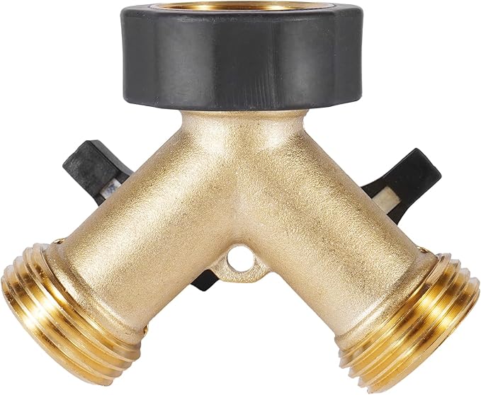 Garden Hose Splitter 2 Way Heavy Duty, Brass Hose Y Splitter with Shutoff Valve, Easy Grip Handle, Water Spigot Outdoor Faucet Splitter Y Adapter with 2 Extra Rubber Washers
