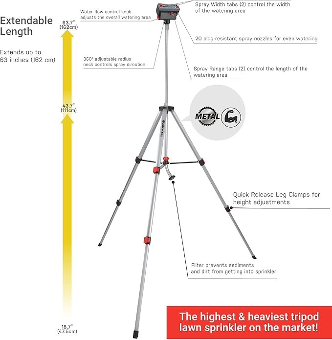 Eden 94154 PRO The Heaviest Weight Tripod (5.37 lbs) Adjustable 4-Way Mini Turbo Metal Oscillating Sprinkler W/Quick Connect Starter Set, Covers up to 4,069 sq. ft. Telescoping Tripod Style