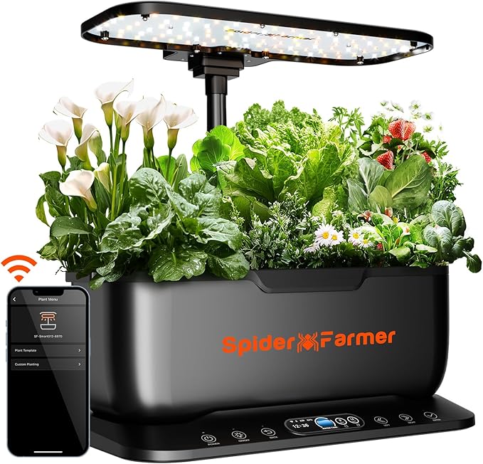 Spider Farmer SmartG12 Hydroponics Growing System, 12 Pods Indoor Garden with 36W LED Grow Light Full-Spectrum, APP & WiFi Controlled, 6L Water Tank, Pump System, Automatic Timer