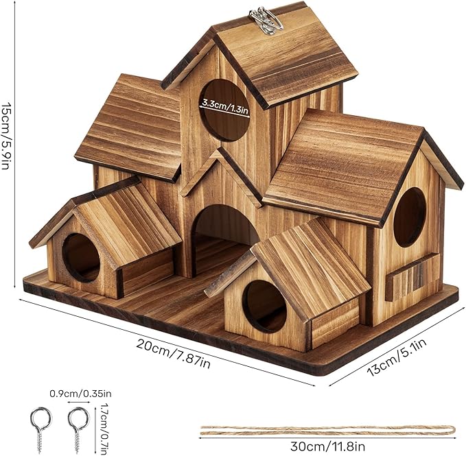 Bird Houses for Outside, Outdoor 5-Hole Birdhouse for Bluebirds, Finches, Cardinals and Yellow Finches, Wooden Hanging Birds House Wild Bird Nest Garden Decorative