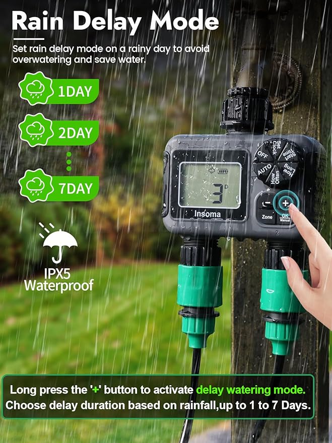 Insoma 2-Zone Sprinkler Timer, Programmable Garden Hose Timer with Auto/Manual/Rain Delay Modes | Water-Saving Irrigation Controller for Lawn, Yard & Drip Systems | Waterproof Design & Easy Setup
