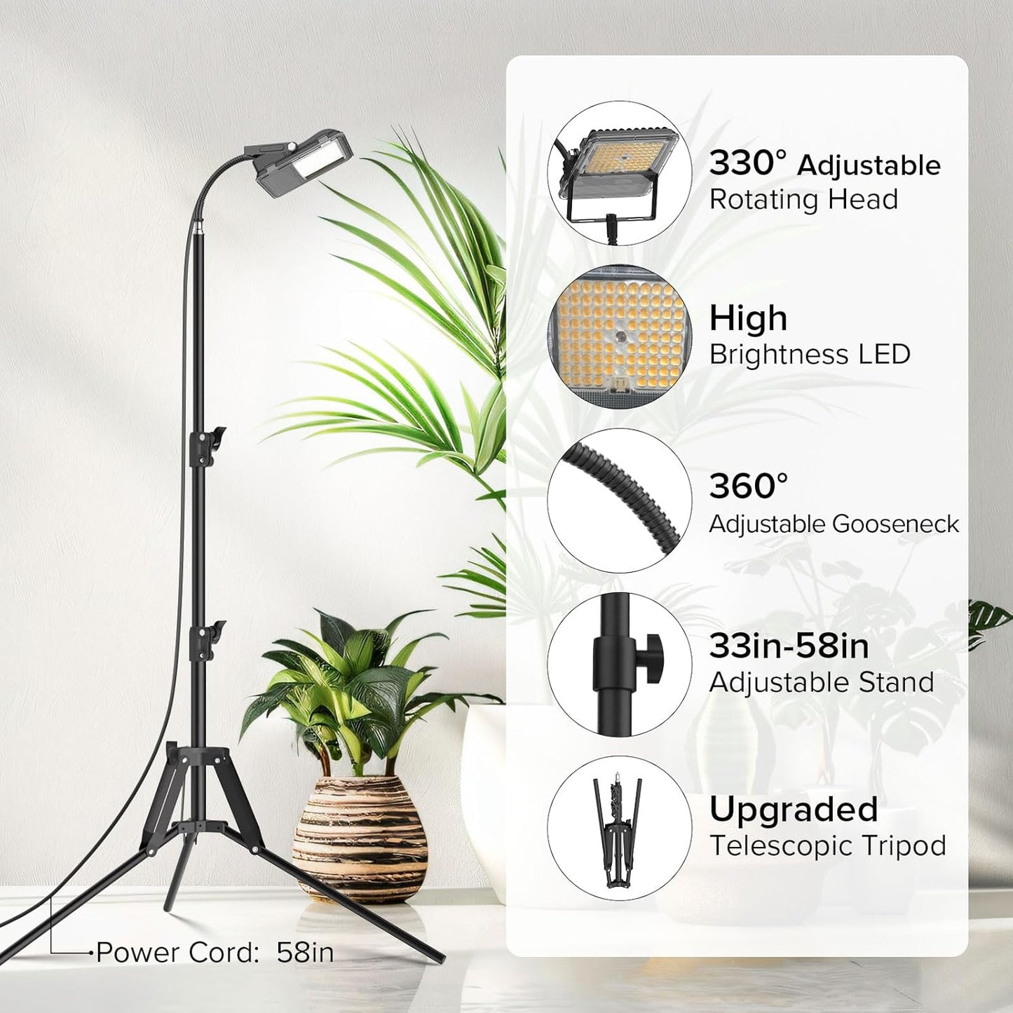 SANSI Grow Lights for Indoor Plants, Dimmable 45W Plant Lights for Indoor Growing, 88 LEDs Full Spectrum Plant Grow Light Adjustable Tripod Stand 33-58 Inches, Auto On/Off Timer with Remote Control