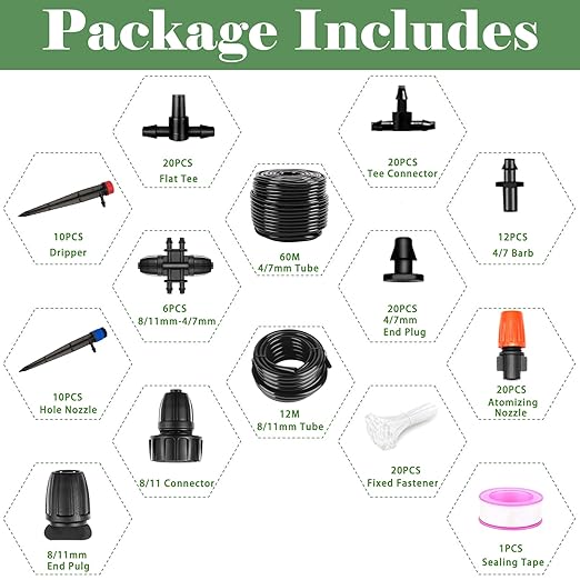 200FT+40FT Drip Irrigation System, Garden Watering System with 8/11mm Main Tubing 4/7mm Distribution Irrigation Tubing and Accessories, Irrigation System for Garden, Greenhouse, Yard, Lawn, Plant