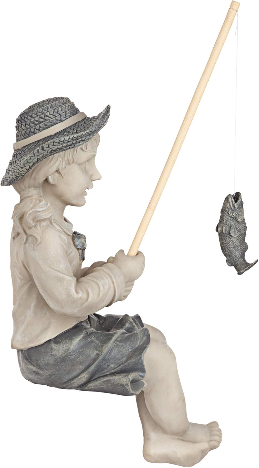 Design Toscano Big Catch Fisherwoman Nellie Girl with Fishing Pole Garden Statue, Medium 17 Inch Tall, Cast Stone Resin, Two Tone Stone Finish
