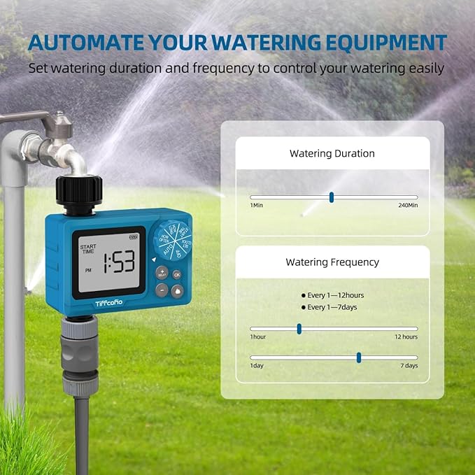 TiFFCOFiO Sprinkler Timer Outdoor, Digital Pogrammable for Garden Hose, Irrigrtion Timer with Rain Delay and Manual Mode (2 Packs)