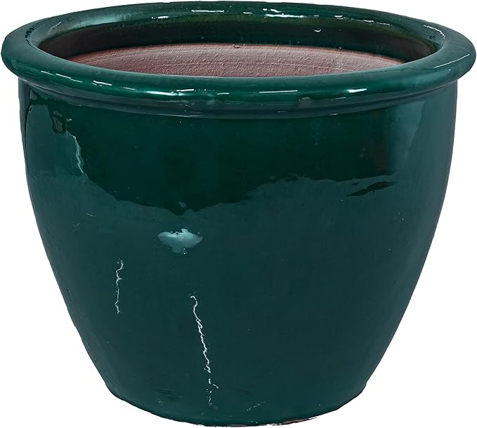 Sunnydaze Large Ceramic Plant Pot - Round Outdoor Glazed Ceramic Planter Pot with Drainage - Chalet -Dark Green - 14.5"