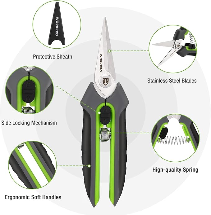 WORKPRO Garden Pruning Shears 2 Pack, 8" Bypass Pruning Shears and 6.25" Straight Garden Scissors, Premium Plant Shears, Garden Clippers Hand Tools for Cutting Flowers, Trimming Plants, Picking Fruits