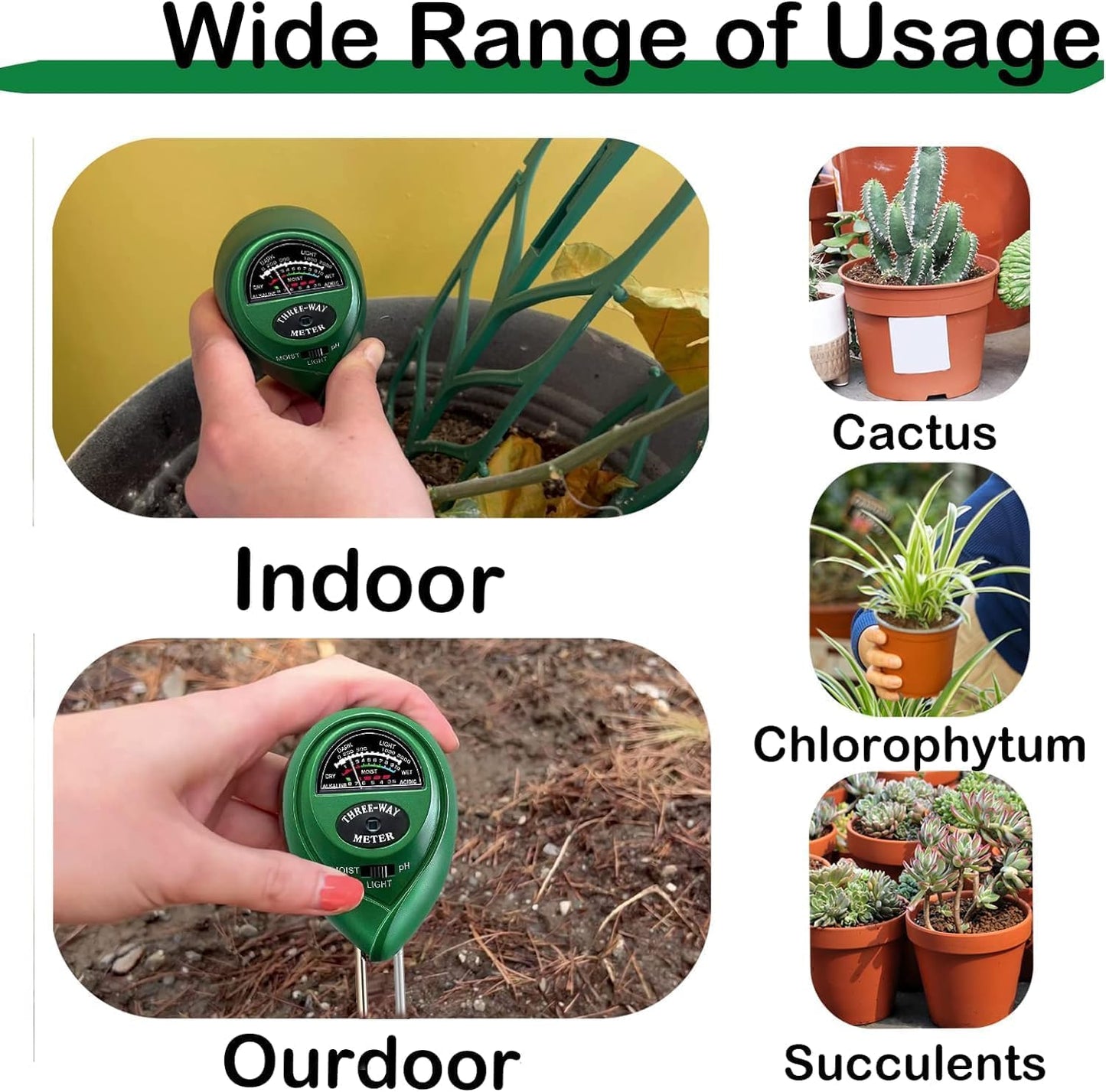 Suplong 3-in-1 Soil Moisture Meter, Upgraded Stainless Steel Probe Soil pH/Light/Moisture Meter for Plants, Soil Tester for Garden, Farm, Lawn, Indoor & Outdoor (No Battery Needed)