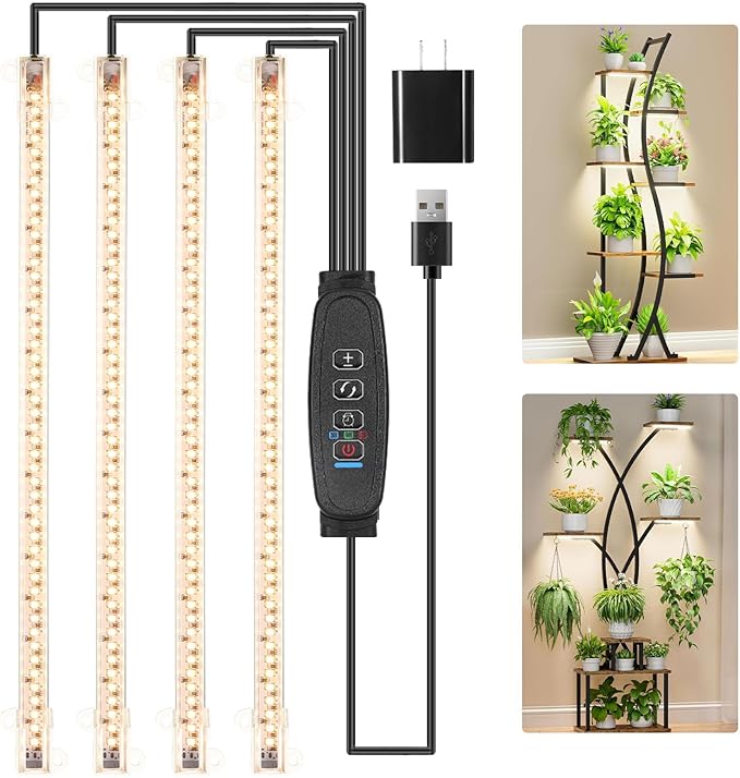 LED Plant Growing lamp Strips, Full Spectrum 3500K Grow Light for Indoor Plants with 3/9/12H Timer and 10 Dimmable Levels for Green House Hydroponics Succulent,4 Head 13 Inches