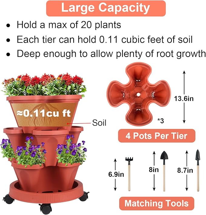 Vertical Planter 3 Tier Stackable Planters Garden Planters Strawberry Herb Flower and Vegetable Planter Indoor Outdoor Gardening Pots with Removable Wheels and Tools 2-Pack