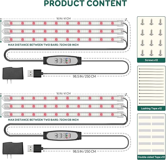 3-Bar Grow Light Strips for Indoor Plants, 16" Full Spectrum Plant Lights, 6500K Sunlike Grow Lights with 6/12/18H Timer, 5-Level Dimmable for Indoor Growing(2 Pack)