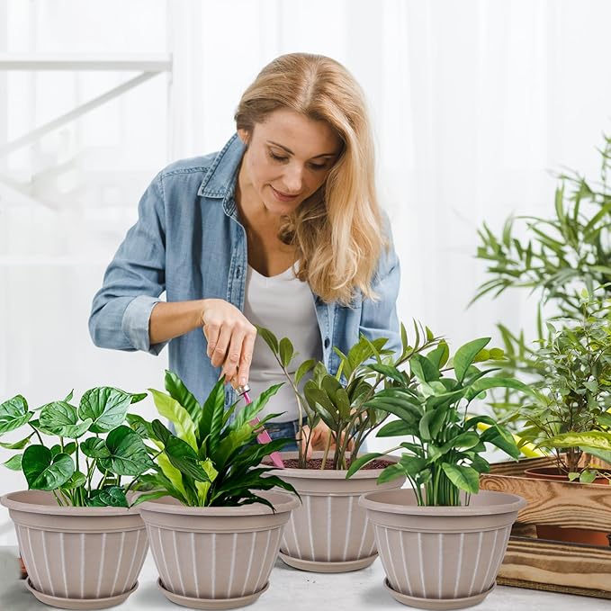 FGstyle 10 Inch Plants Pot,4 Pack Flower Pots,Planters Pot with Drainage Hole & Saucer,Modern Planters for Indoor Outdoor Plants,Decorative Resin Garden Pots for Outdoor Indoor Home Plants (Beige)