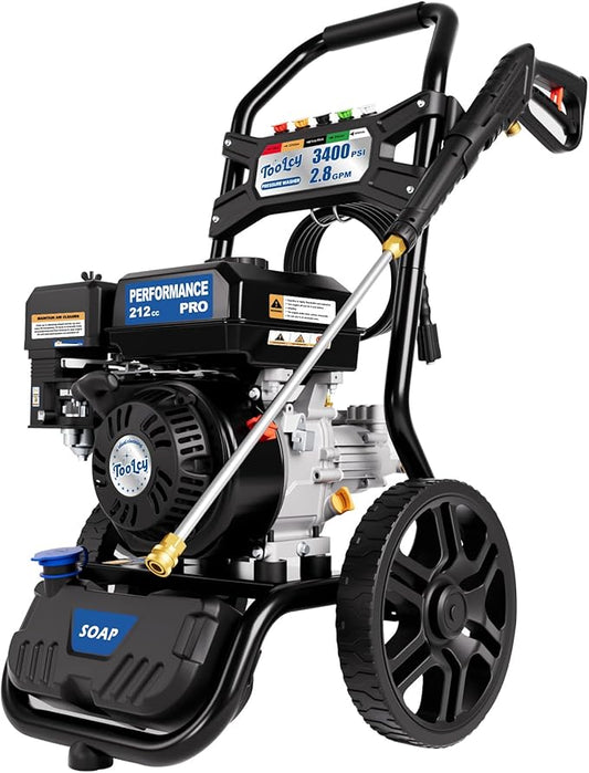 TOOLCY 3400 PSI Gas Pressure Washer, High-Performance 212cc OHV Engine, Reinforced Pump. Onboard Soap Tank, 30FT Hose, Spray Gun & 5 Nozzles, Max 2.8 GPM, Great for Cars/Driveways/Homes/Patios/Boats