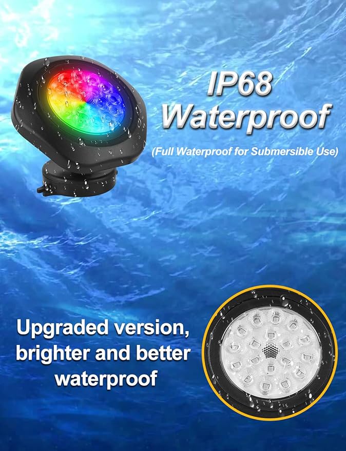RGB Underwater Pond Lights, Super Bright 18 LED Submersible Fountain Lights Color Changing Spotlights, Bluetooth APP Control IP68 Waterproof for Fish Aquarium Tank Garden Yard Pool(Set of 12)