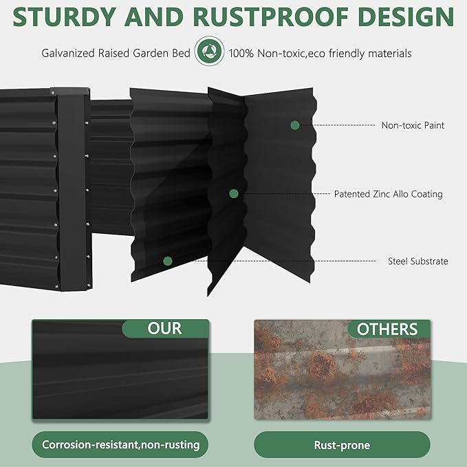 FOOWIN 2pcs 6x3x2ft Galvanized Raised Garden Bed, Planter Raised Garden Boxes Outdoor, Large Metal Raised Beds for Gardening, Garden Bed for Vegetables, Flowers, Herb,269 Gallon Capacity, Black