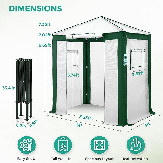 EAGLE PEAK 6x4 Portable Walk in Greenhouse with Polyester Reinforced Corners, Instant Pop up Indoor Outdoor Gardening Green House, Roll Up Zipper Entry Door and Mesh Windows, Green/White