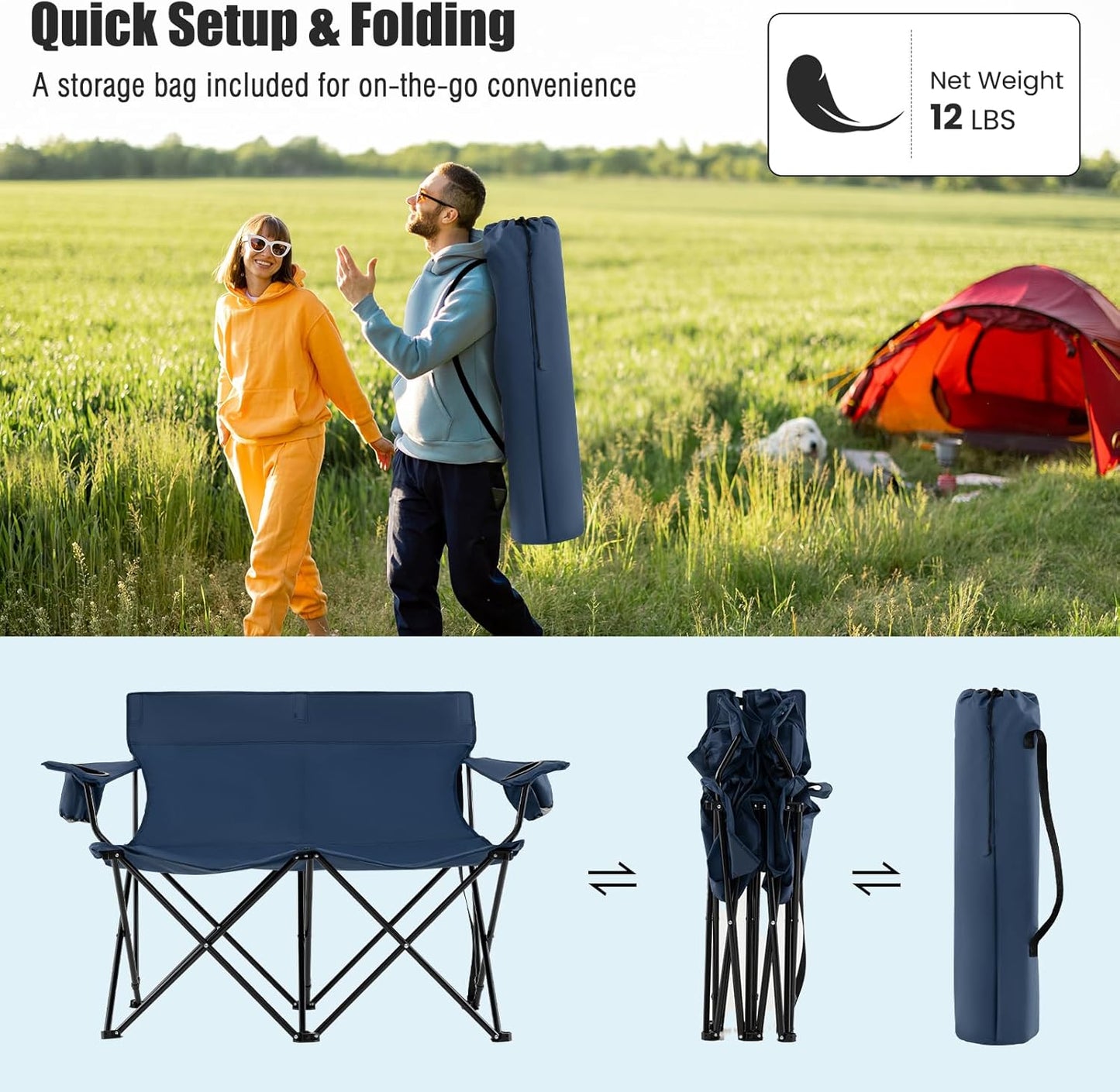 Goplus Double Camping Chair, Oversized Heavy Duty Camping Loveseat for Adults, Portable Folding 2 Person Camping Chair with Cup Holder for Outdoor Lawn Beach Backyard