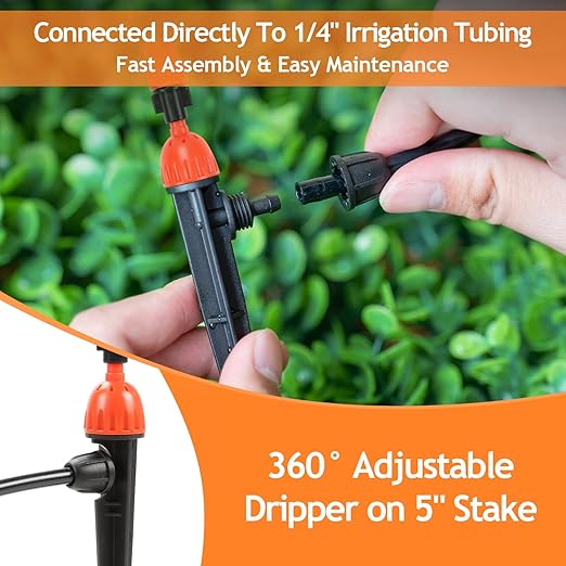 2 in 1 Drip Irrigation Emitters and Atomizing Nozzle for 1/4" Drip Irrigation Tubing, 25 Pcs Adjustable 360 Degree Water Flow Drippers Sprinklers Fittings for Garden Watering System