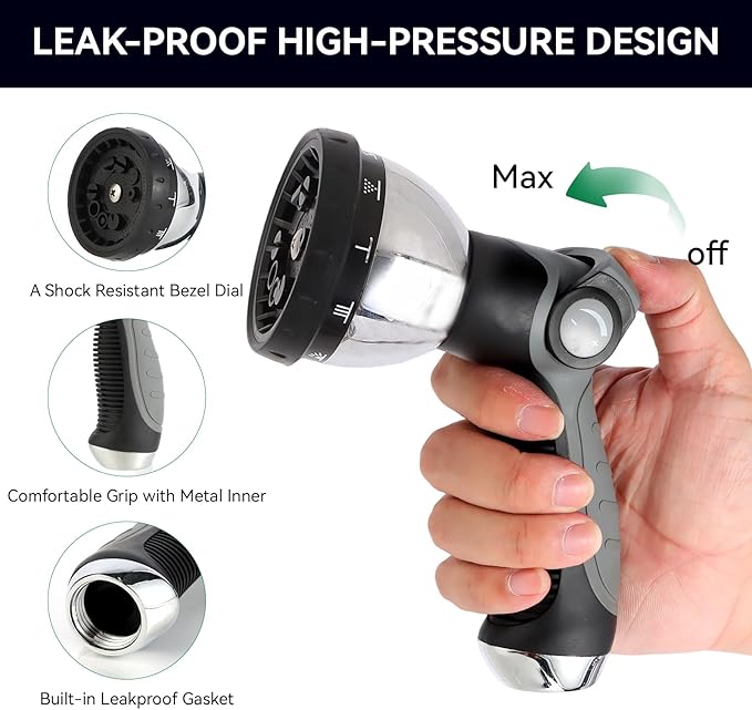Garden Water Hose Nozzle Metal Heavy Duty Sprayer Thumb Control with 10 Spray Modes Suitable for Watering Plants, Iawn and Garden, Car Washing, Cleaning, Showering Pets and Outdoor Fun, Gray