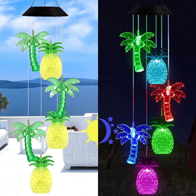 Solawindchime Palm Tree Pineapple Wind Chime, Color Changing Pineapple Palm Trees Wind Chimes Outdoor, Home, Yard, Balcony, Night Garden Decoration, Gifts for Women