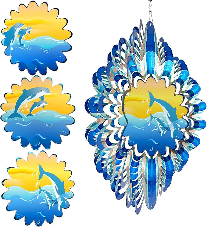 Animated Dolphin Wind Spinner | 3D Holographic Stainless Steel Kinetic Wind Spinners, Magical Dolphins Leaping Illusion, Outdoor Yard Art Garden Decor, Gift for Ocean Lover