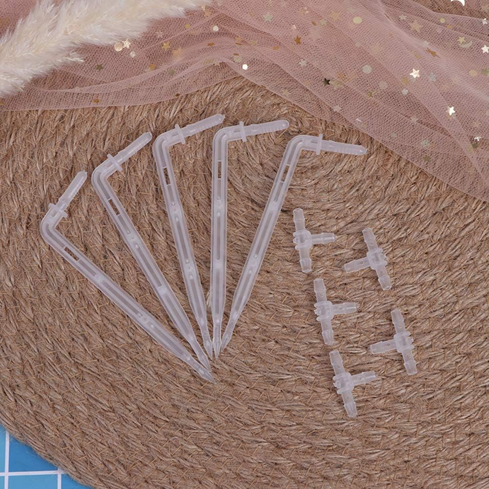 10 Sets White Drip Emitters with 3-Way Connector Curved Arrow Dripper Potted Plants Bend Sprinklers Garden Automatic Irrigation System for 4/7mm Hose Patio Watering Cooling Irrigation Kit