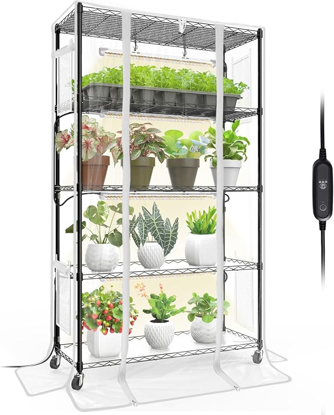 Bstrip Indoor Greenhouse with Grow Light, Mini Green House with 4 Pack 24W Full Spectrum Plant Lights with Timer, Plant Shelf with Tent for Indoor Plant, Seed Starting, Seed Tray, 35.4"x13.8"x59"