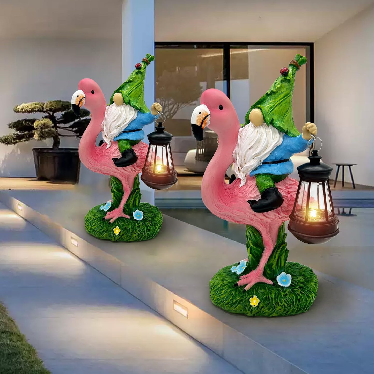 Gnomes Flamingo with Solar Lantern, Whimsical Decor for Garden, Yard, Patio, Lawn, LED Lights - Unique Gift for Women, Mom, Friends(Blue Gnomes)