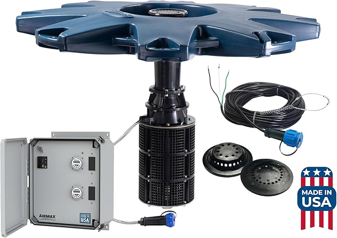 Airmax PondSeries Floating Fountain for Pond & Lake, Water Cooled Motor with 3 Spray Pattern Nozzles for Surface Aeration, 1/2 HP, 230 Volt, 150' Power Cord