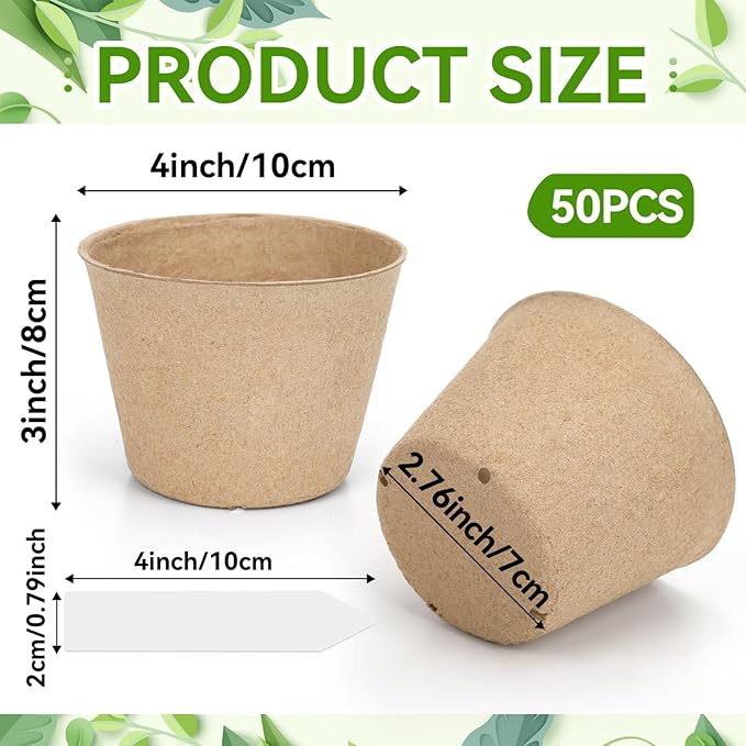 Augshy 4 Inch Peat Pots, 50 Pack Seed Starter Nursery Pots Round Plant Seedling with Drainage Holes for Garden Nursery Kits Seedlings Seed Starting Tray with 50 Plant Labels