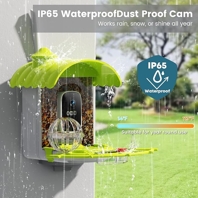 Smart Bird Feeder with Camera, AI Identify Birds Species Solar Powered, 2K HD Video Bird House with Camera, Instant Arrival Alerts, Waterproof Squirrel Proof, Gift for BirdLovers, 2.4GHz WiFi, Green
