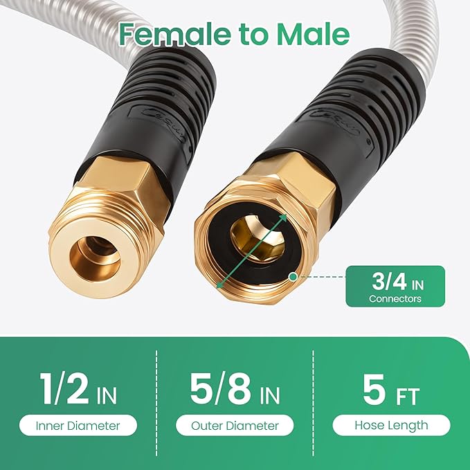 Cesun Metal Garden, Short Connector, Water Lead-in Hose Extension, Extremely Flexible, for Hose Reel/RV/Dehumidifier, Lightweight/Durable/Drinking Water Safe SS Female to Male, 5FT