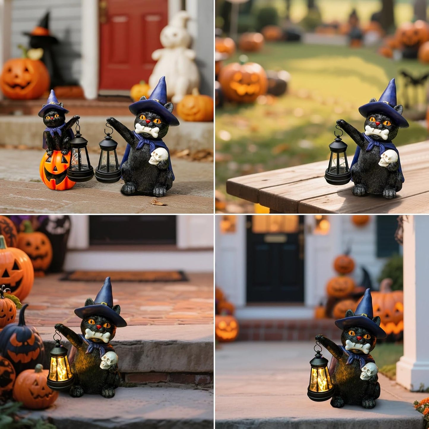 Halloween Black Cat Decor Spooky Solar Cat Garden Statues Holding Skull with LED Lantern Halloween Outdoor Decorations for Porch Patio Yard Lawn Holiday Gardening Gifts for Women