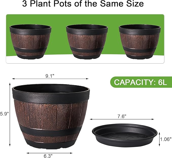 VECELO Plant Pots with Drainage Holes & Saucer, 9 Inch Flower Pots with Tray, 3 Pack Plastic Whiskey Barrel Planters for Indoor & Outdoor Garden Home Plants and Flowers