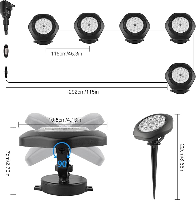 RGBW Pond Lights, 18 LED Super Bright Underwater Submersible Fountain Lights Color Changing Spotlights, 98ft Remote Control IP68 Waterproof for Fish Aquarium Tank Garden Yard Pool (Set of 5)