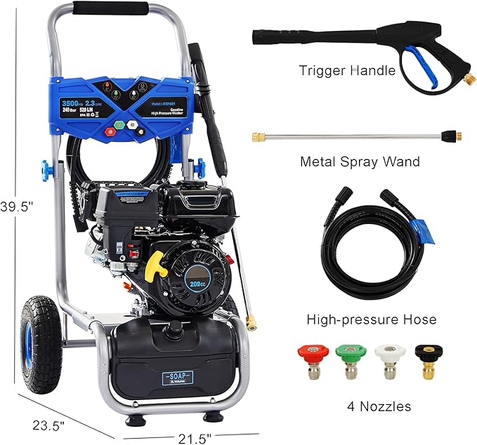 Gas Pressure Washer 3500 PSI, 2.3 GPM Heavy Duty High Power Washer,209CC 7HP Engine with 25Ft Pressure Hose, Axial Aluminum Pump, Soap Tank, 4 Quick Connect Nozzle (Blue)
