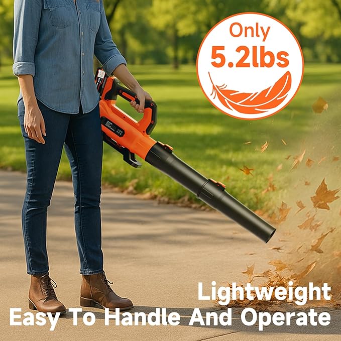 Leaf Blower Cordless with 2× 5.0Ah Batteries and Charger, 21V Electric, Lightweight Battery Powered Blowers for Lawn Care, Yard, Patio Cleaning, Blowing Leaves & Dust, Organe